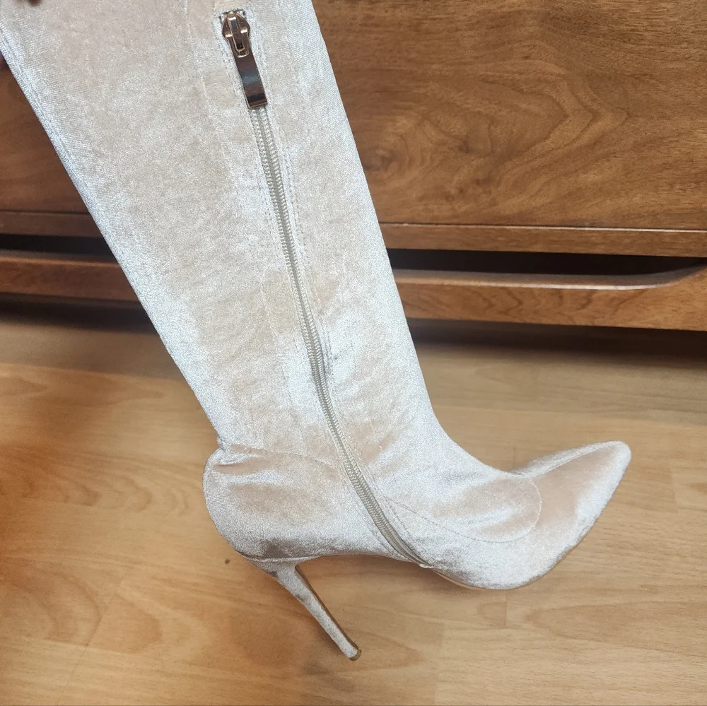Simmi London Velvet Over The Knee Thigh High Stileto Pointed Toe Boots Beige 8